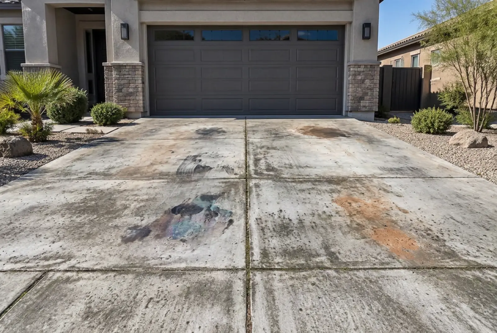 Dirty stained concrete driveway before pressure washing